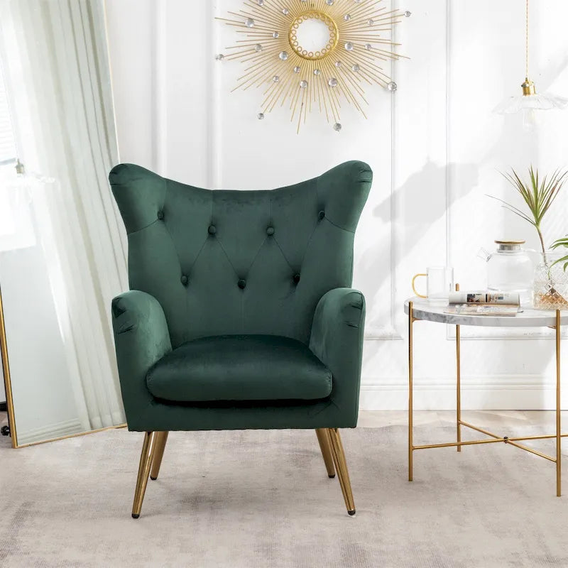 Fauteuil d'appoint dossier haut capitonné en velours jaune/vert avec pieds dorés, 1 place