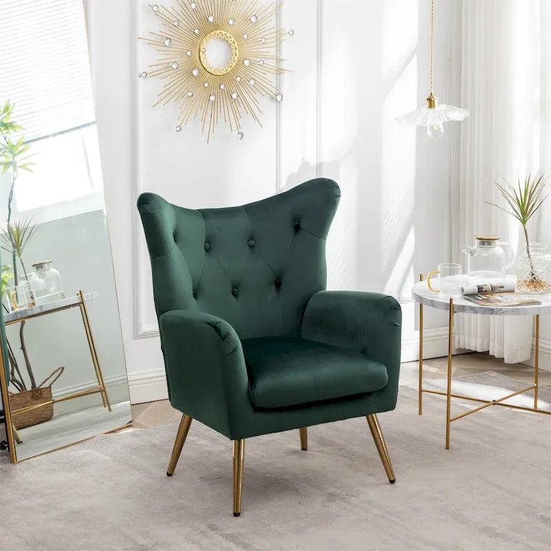 Fauteuil d'appoint dossier haut capitonné en velours jaune/vert avec pieds dorés, 1 place