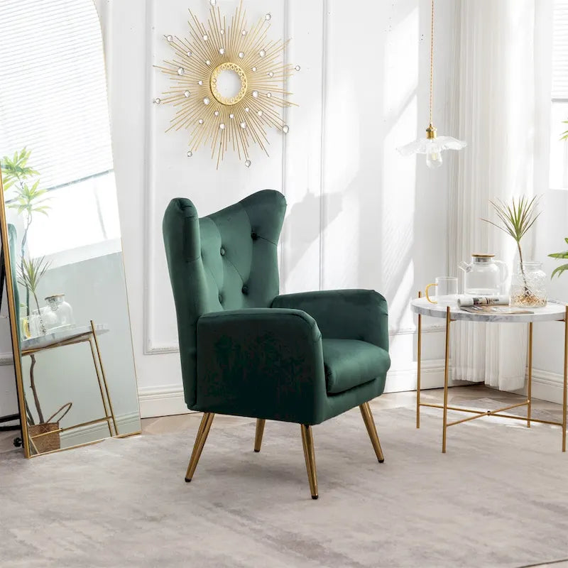 Fauteuil d'appoint dossier haut capitonné en velours jaune/vert avec pieds dorés, 1 place