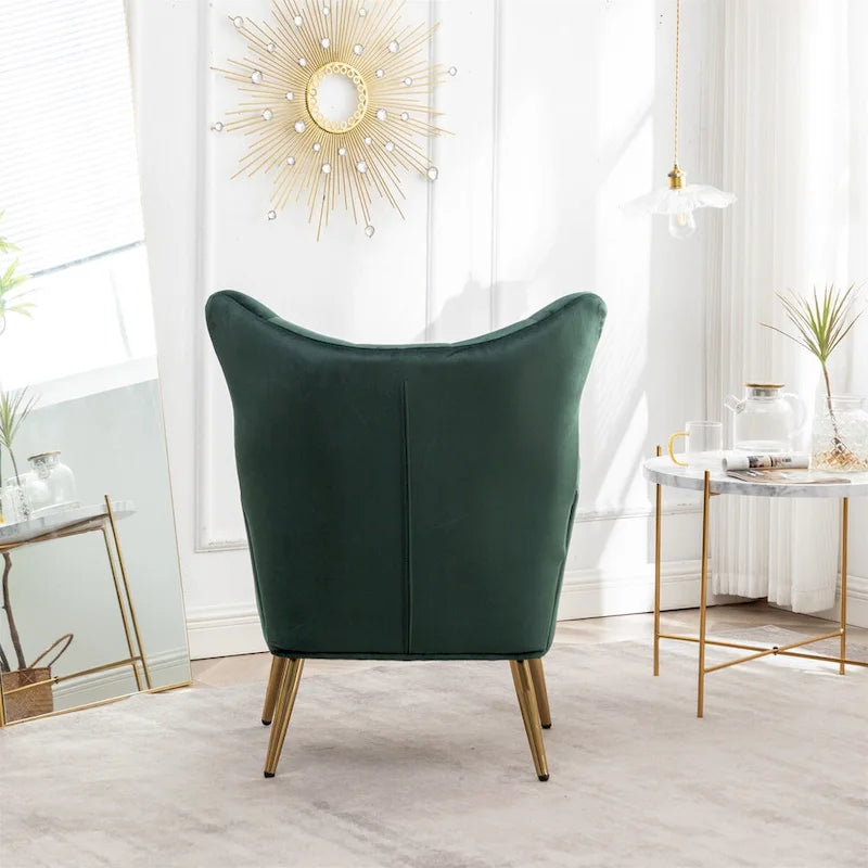 Fauteuil d'appoint dossier haut capitonné en velours jaune/vert avec pieds dorés, 1 place