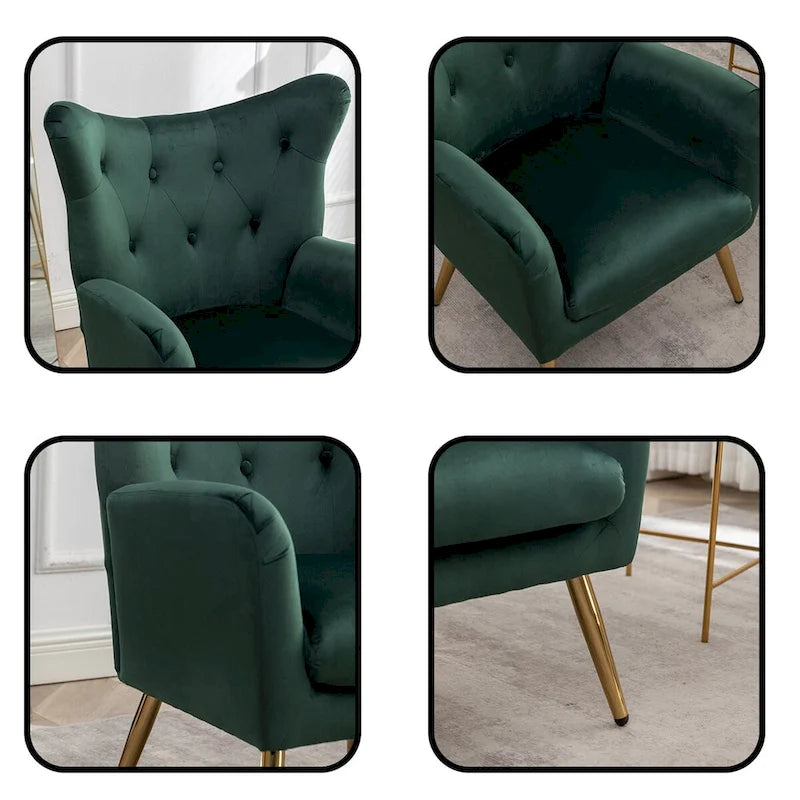 Fauteuil d'appoint dossier haut capitonné en velours jaune/vert avec pieds dorés, 1 place
