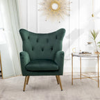 Fauteuil d'appoint dossier haut capitonné en velours jaune/vert avec pieds dorés, 1 place