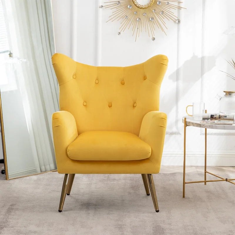 Fauteuil d'appoint dossier haut capitonné en velours jaune/vert avec pieds dorés, 1 place