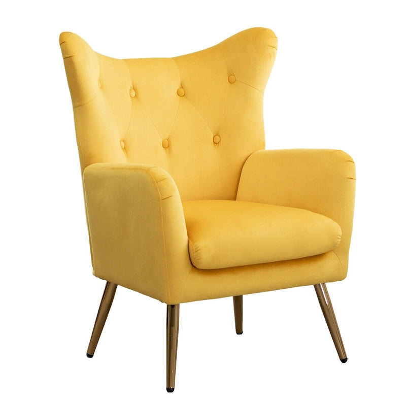 Fauteuil d'appoint dossier haut capitonné en velours jaune/vert avec pieds dorés, 1 place