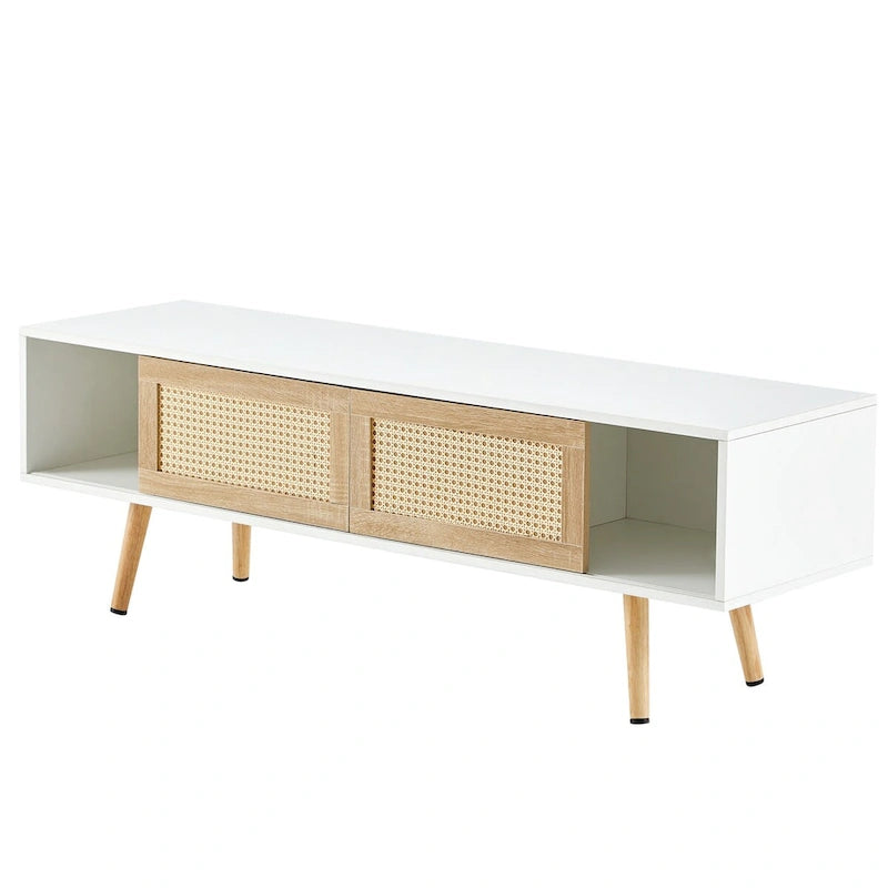 Meuble TV en rotin blanc/bois de cerisier avec double portes coulissantes et étagère réglable, montage par 1 personne