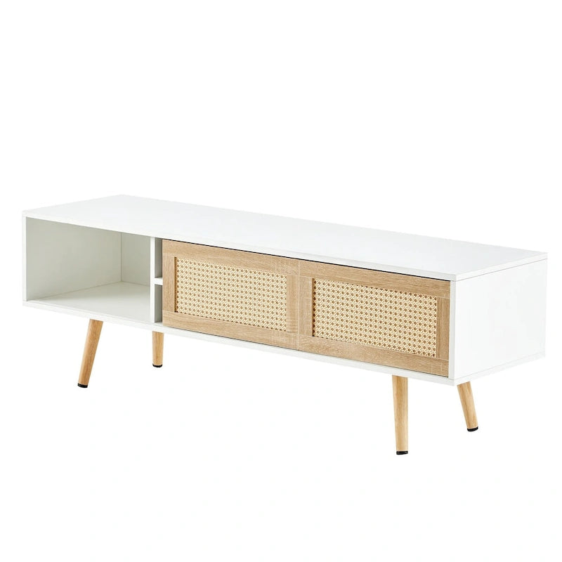 Meuble TV en rotin blanc/bois de cerisier avec double portes coulissantes et étagère réglable, montage par 1 personne