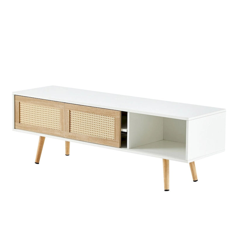 Meuble TV en rotin blanc/bois de cerisier avec double portes coulissantes et étagère réglable, montage par 1 personne