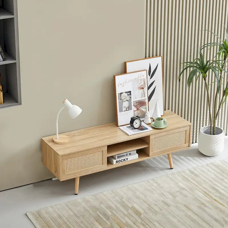 Meuble TV en rotin blanc/bois de cerisier avec double portes coulissantes et étagère réglable, montage par 1 personne