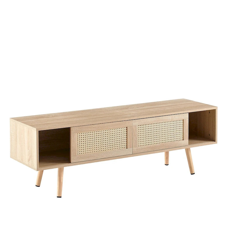 Meuble TV en rotin blanc/bois de cerisier avec double portes coulissantes et étagère réglable, montage par 1 personne