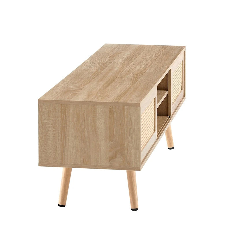 Meuble TV en rotin blanc/bois de cerisier avec double portes coulissantes et étagère réglable, montage par 1 personne