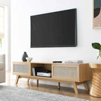 Meuble TV en chêne/noyer avec portes coulissantes en rotin de 152 cm avec gestion des câbles, montage par 1 personne