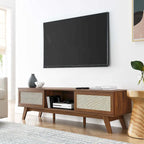 Meuble TV en chêne/noyer avec portes coulissantes en rotin de 152 cm avec gestion des câbles, montage par 1 personne