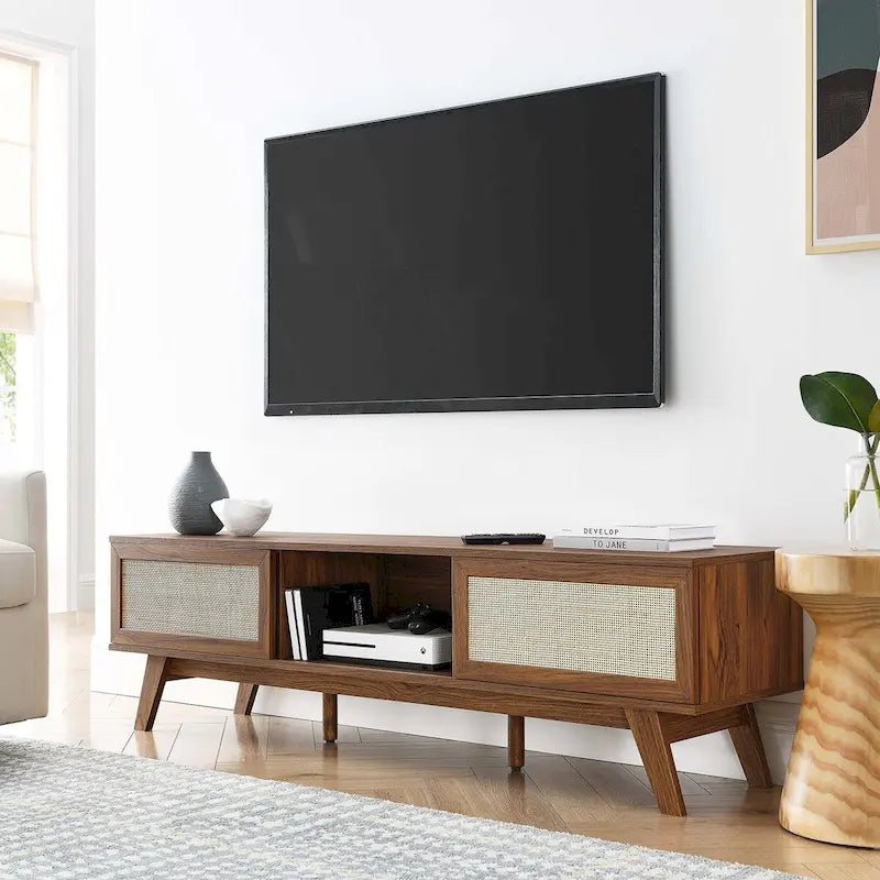 Meuble TV en chêne/noyer avec portes coulissantes en rotin de 152 cm avec gestion des câbles, montage par 1 personne