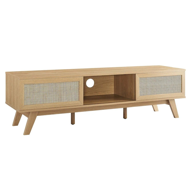 Meuble TV en chêne/noyer avec portes coulissantes en rotin de 152 cm avec gestion des câbles, montage par 1 personne