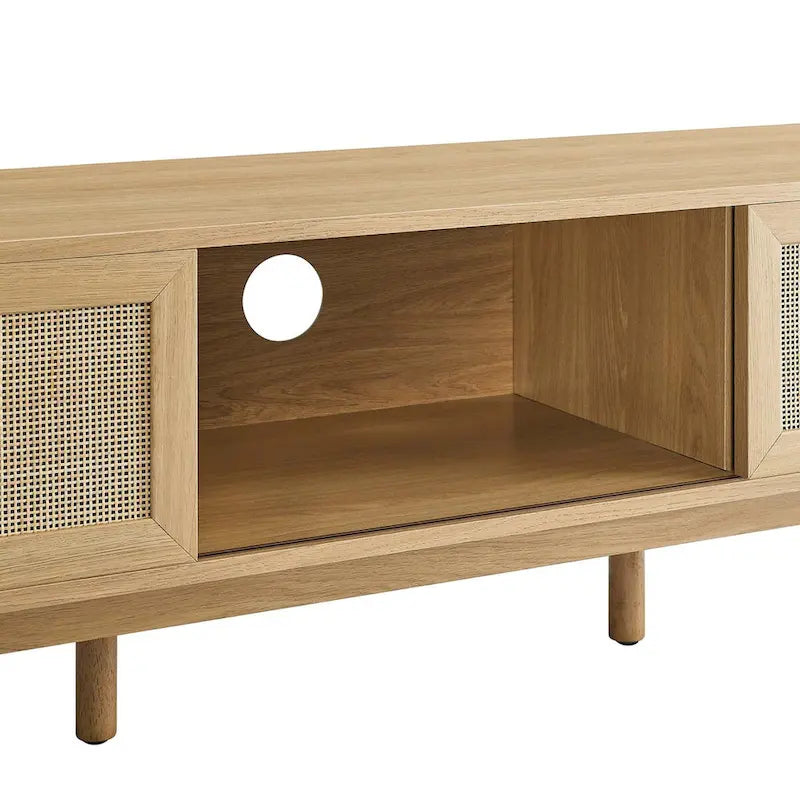 Meuble TV en chêne/noyer avec portes coulissantes en rotin de 152 cm avec gestion des câbles, montage par 1 personne
