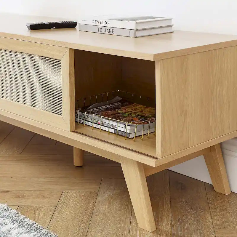 Meuble TV en chêne/noyer avec portes coulissantes en rotin de 152 cm avec gestion des câbles, montage par 1 personne