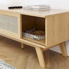 Meuble TV en chêne/noyer avec portes coulissantes en rotin de 152 cm avec gestion des câbles, montage par 1 personne