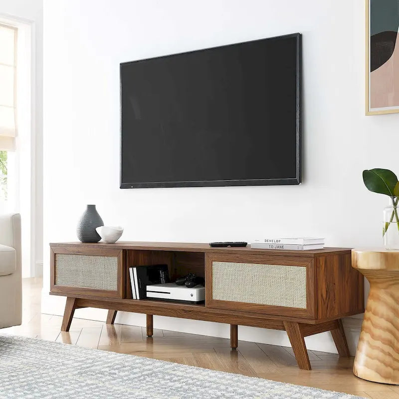 Meuble TV en chêne/noyer avec portes coulissantes en rotin de 152 cm avec gestion des câbles, montage par 1 personne