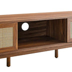 Meuble TV en chêne/noyer avec portes coulissantes en rotin de 152 cm avec gestion des câbles, montage par 1 personne