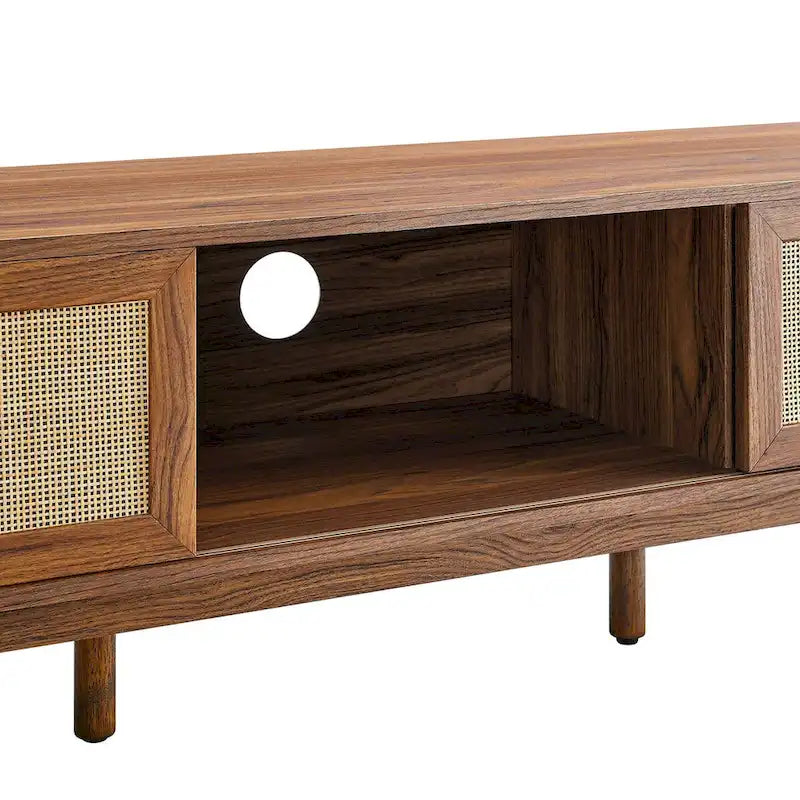 Meuble TV en chêne/noyer avec portes coulissantes en rotin de 152 cm avec gestion des câbles, montage par 1 personne