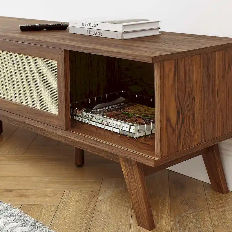 Meuble TV en chêne/noyer avec portes coulissantes en rotin de 152 cm avec gestion des câbles, montage par 1 personne