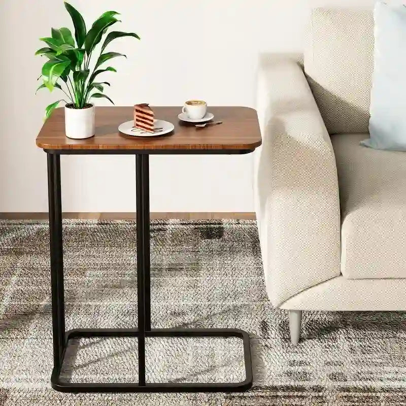 Table d'appoint en C blanche/noyer avec cadre en métal, assemblage par 1 personne