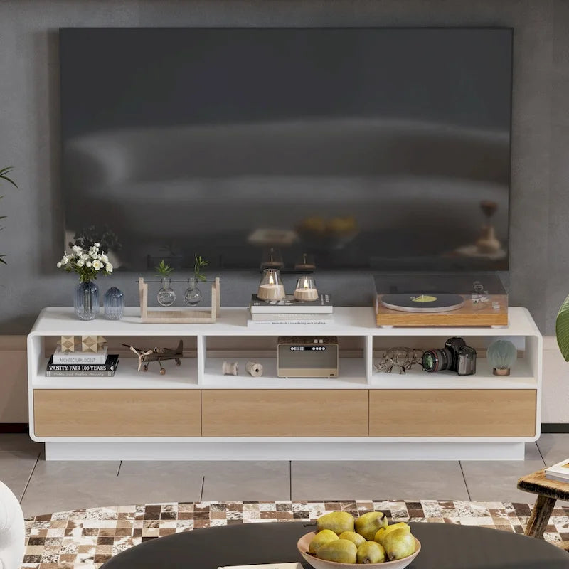 Meuble TV chêne et blanc de 180 cm avec tiroirs à ouverture par pression et étagères ouvertes, montage par 1 personne