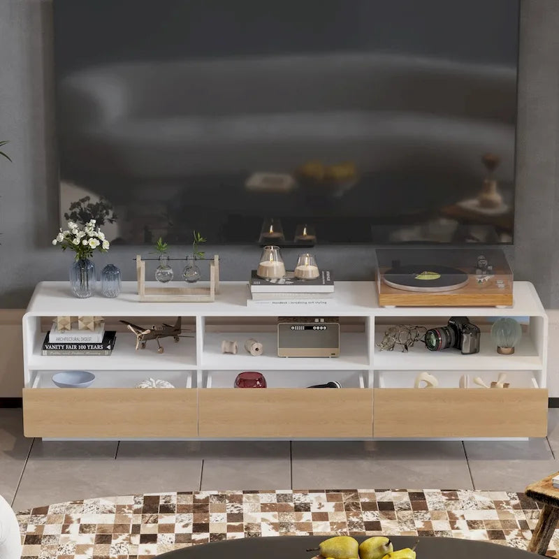 Meuble TV chêne et blanc de 180 cm avec tiroirs à ouverture par pression et étagères ouvertes, montage par 1 personne