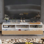 Meuble TV chêne et blanc de 180 cm avec tiroirs à ouverture par pression et étagères ouvertes, montage par 1 personne