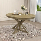 Table à manger ronde extensible en placage de chêne naturel / marron / expresso avec rallonge papillon et piètement en X, 6 places