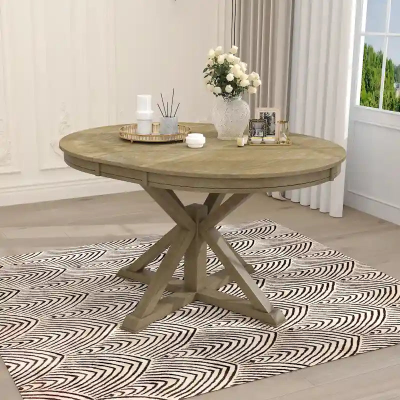 Table à manger ronde extensible en placage de chêne naturel / marron / expresso avec rallonge papillon et piètement en X, 6 places