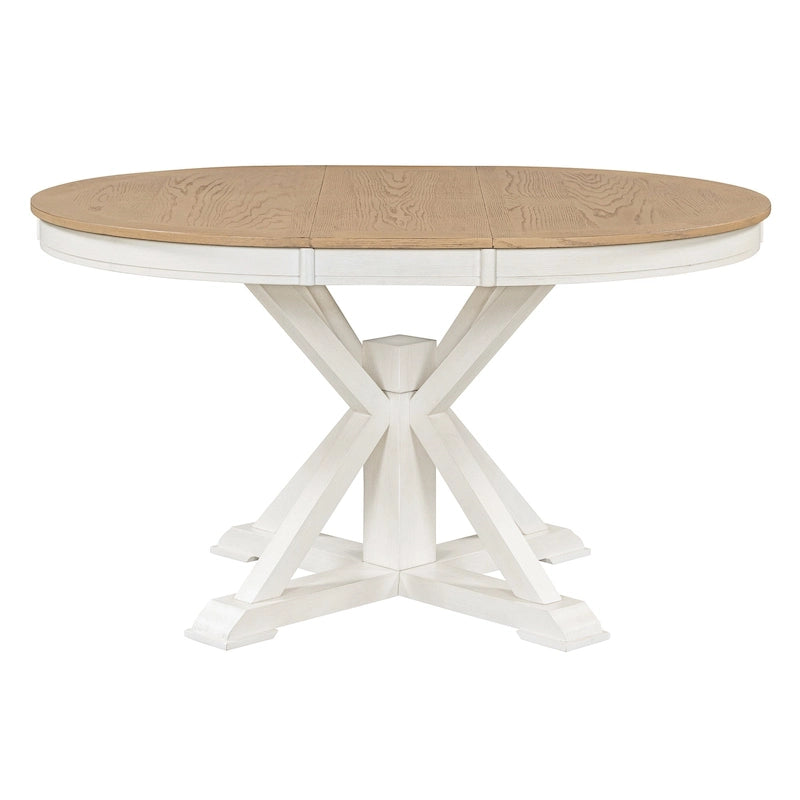 Table à manger ronde extensible en placage de chêne naturel / marron / expresso avec rallonge papillon et piètement en X, 6 places