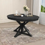 Table à manger ronde extensible en placage de chêne naturel / marron / expresso avec rallonge papillon et piètement en X, 6 places