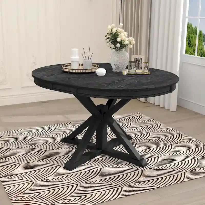 Table à manger ronde extensible en placage de chêne naturel / marron / expresso avec rallonge papillon et piètement en X, 6 places