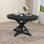 Table à manger ronde extensible en placage de chêne naturel / marron / expresso avec rallonge papillon et piètement en X, 6 places