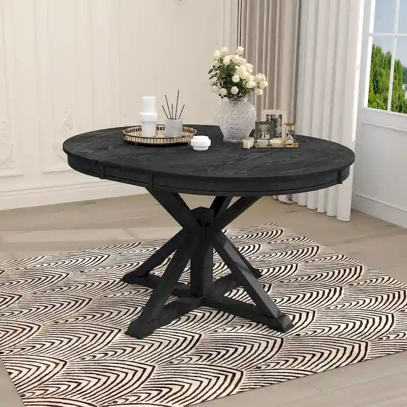 Table à manger ronde extensible en placage de chêne naturel / marron / expresso avec rallonge papillon et piètement en X, 6 places