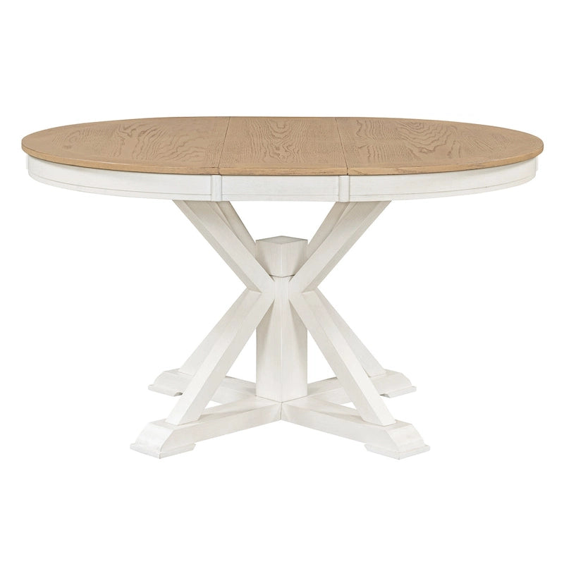 Table à manger ronde extensible en placage de chêne naturel / marron / expresso avec rallonge papillon et piètement en X, 6 places