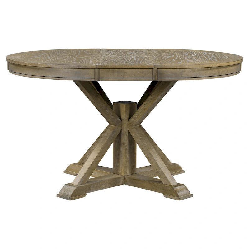 Table à manger ronde extensible en placage de chêne naturel / marron / expresso avec rallonge papillon et piètement en X, 6 places