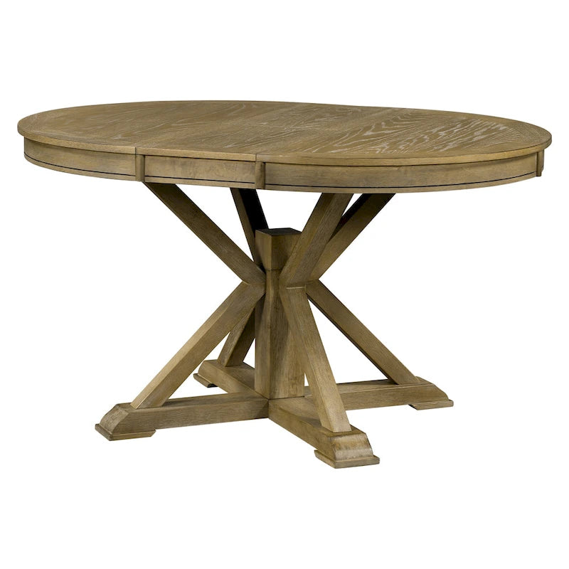 Table à manger ronde extensible en placage de chêne naturel / marron / expresso avec rallonge papillon et piètement en X, 6 places