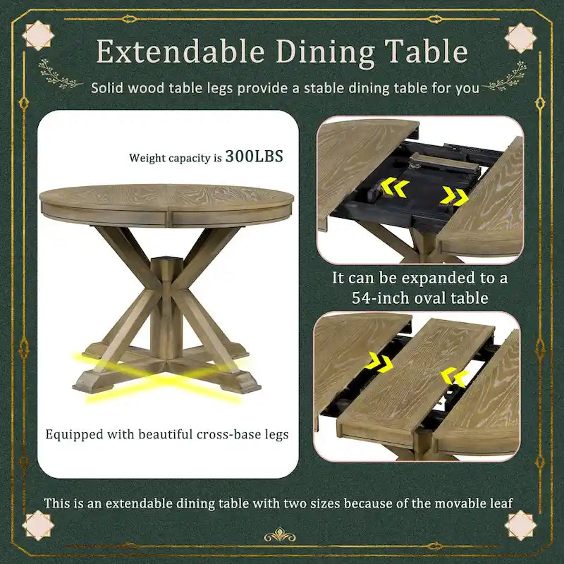 Table à manger ronde extensible en placage de chêne naturel / marron / expresso avec rallonge papillon et piètement en X, 6 places