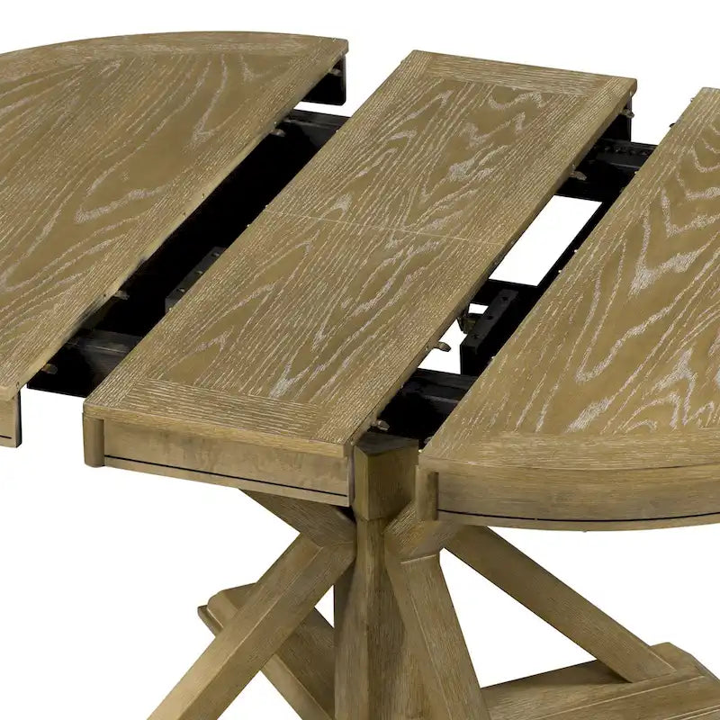 Table à manger ronde extensible en placage de chêne naturel / marron / expresso avec rallonge papillon et piètement en X, 6 places