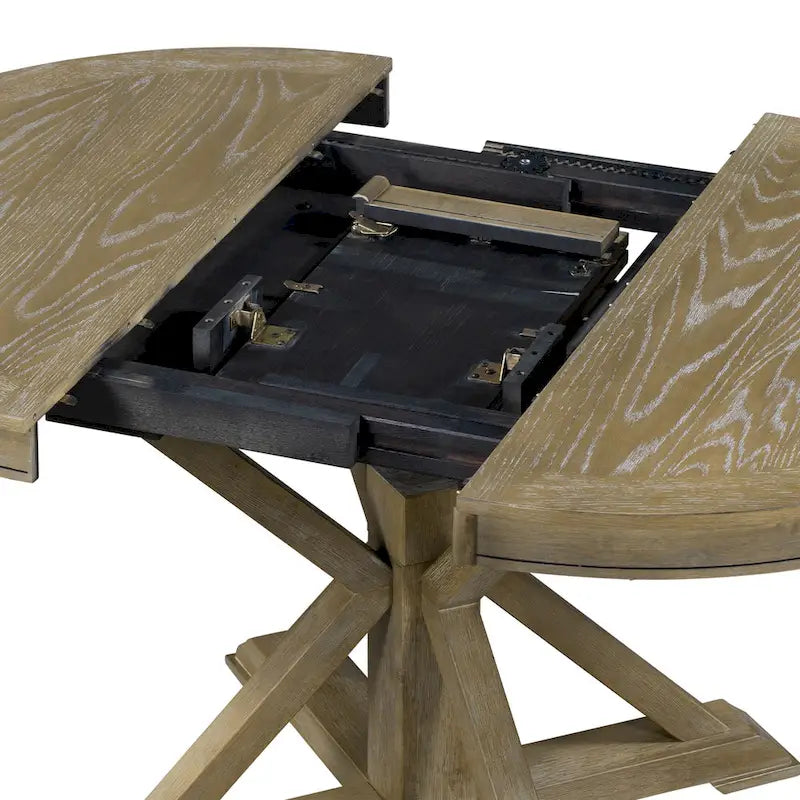 Table à manger ronde extensible en placage de chêne naturel / marron / expresso avec rallonge papillon et piètement en X, 6 places