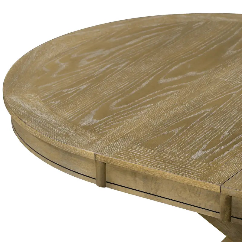 Table à manger ronde extensible en placage de chêne naturel / marron / expresso avec rallonge papillon et piètement en X, 6 places