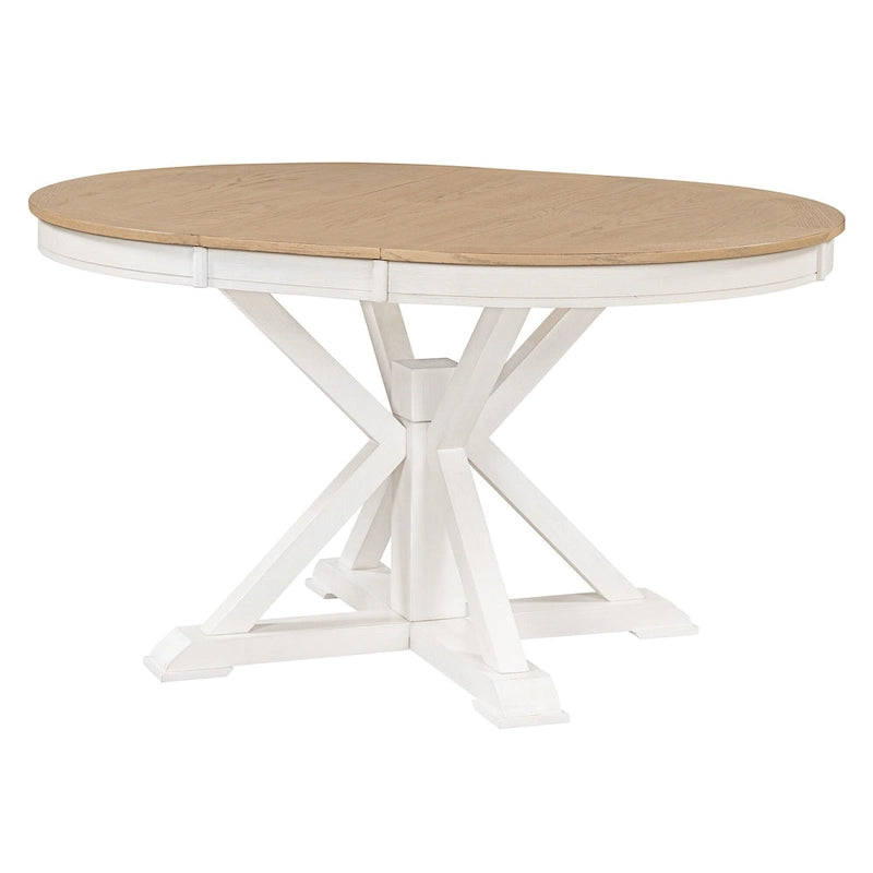 Table à manger ronde extensible en placage de chêne naturel / marron / expresso avec rallonge papillon et piètement en X, 6 places