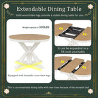 Table à manger ronde extensible en placage de chêne naturel / marron / expresso avec rallonge papillon et piètement en X, 6 places