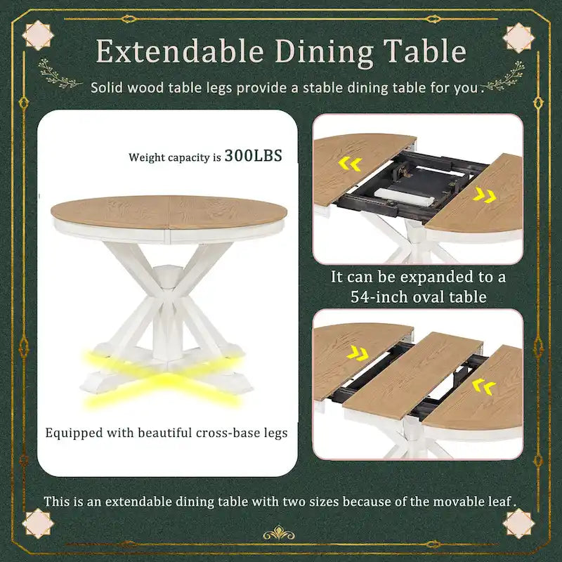 Table à manger ronde extensible en placage de chêne naturel / marron / expresso avec rallonge papillon et piètement en X, 6 places