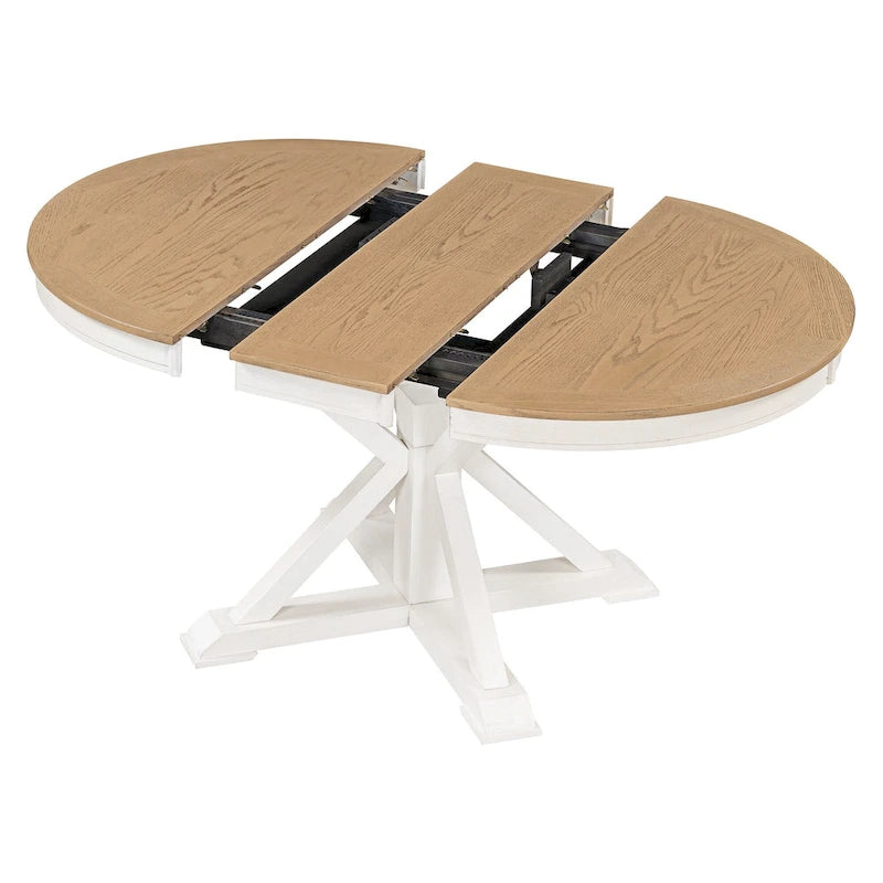 Table à manger ronde extensible en placage de chêne naturel / marron / expresso avec rallonge papillon et piètement en X, 6 places