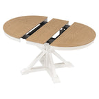 Table à manger ronde extensible en placage de chêne naturel / marron / expresso avec rallonge papillon et piètement en X, 6 places