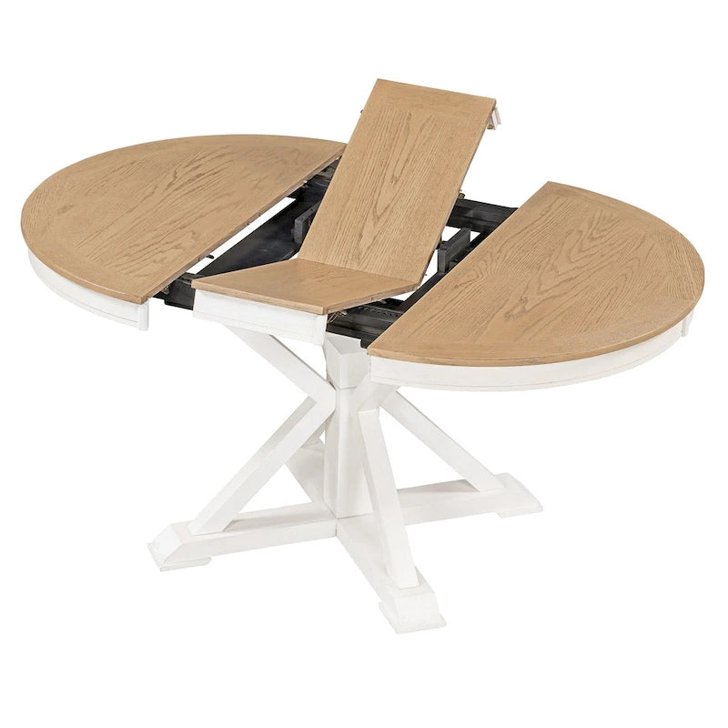 Table à manger ronde extensible en placage de chêne naturel / marron / expresso avec rallonge papillon et piètement en X, 6 places