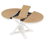 Table à manger ronde extensible en placage de chêne naturel / marron / expresso avec rallonge papillon et piètement en X, 6 places